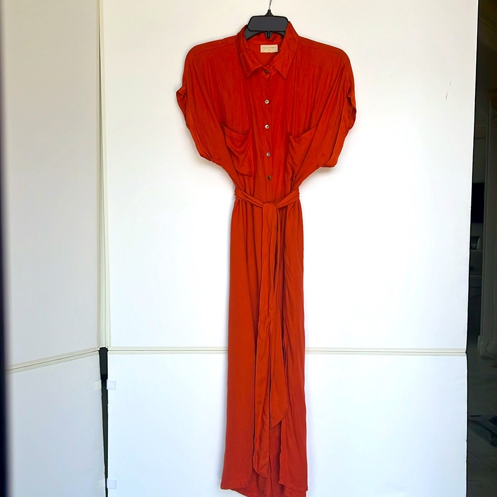 uma & leopold Short Sleeve Belted Midi Shirt Dress Sz M Rust Orange Terracotta